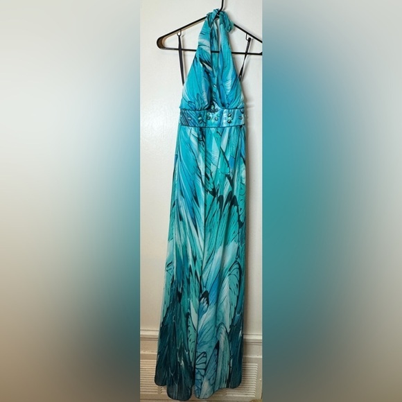 Bisou Bisou Butterfly Wing Turquoise Blue Halter Fairycore Maxi Dress Size 6 - Picture 1 of 14